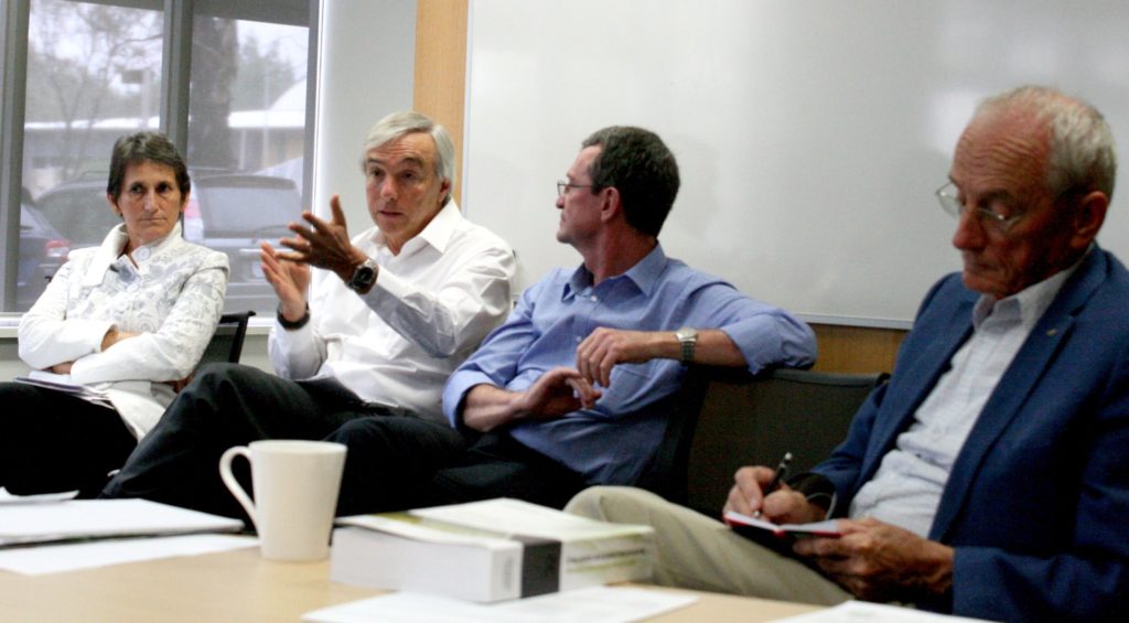 CGIAR visitors address an ACIAR workshop on the impact of their work, including Robyn Johnston, IWMI; Ruben Echeverria, CIAT; Andrew Noble, ICARDA; and Tony Fischer, the Fund’s ACT Coordinator and CIMMYT WHEAT-Independent Steering Committee